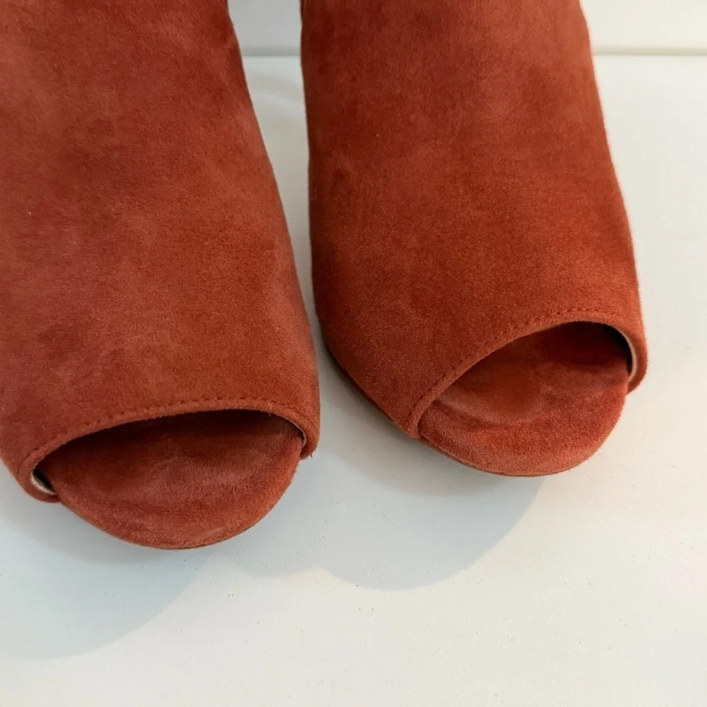 Michael Kors Burnt Orange Suede Cutout Peep-Toe Ankle Booties with Buckles